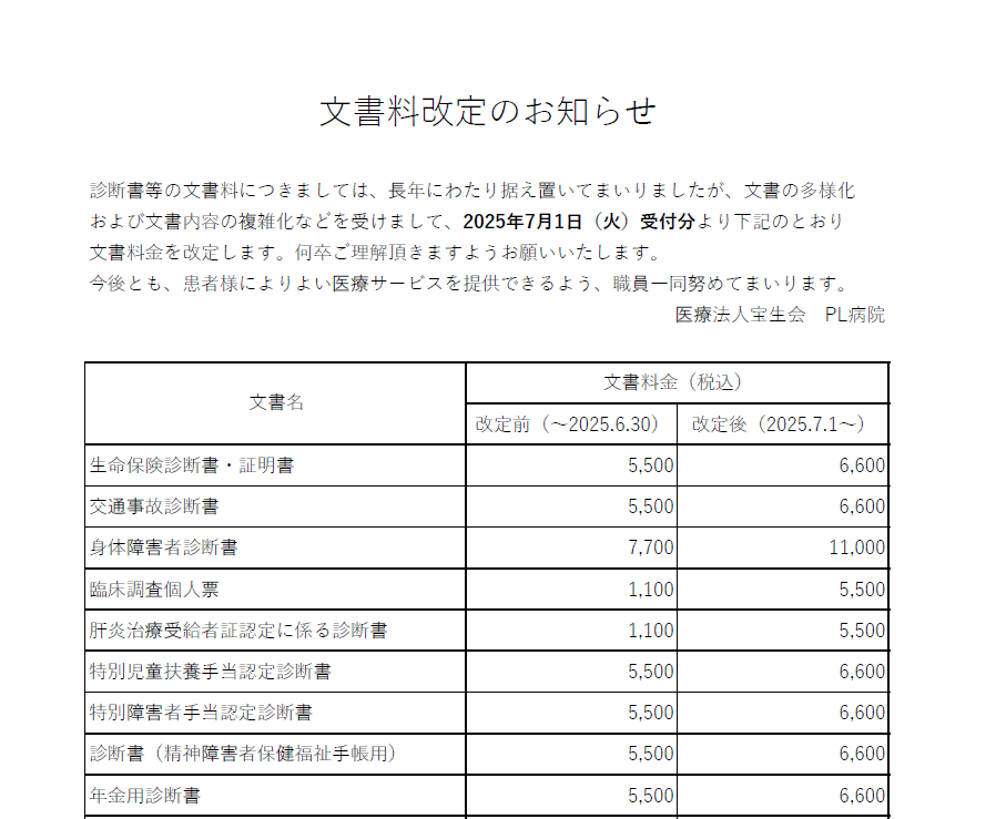 文書料改定のお知らせ