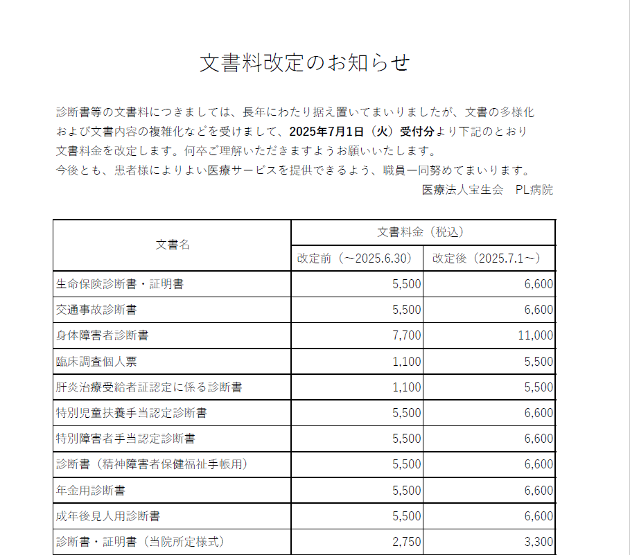 文書料改定のお知らせ